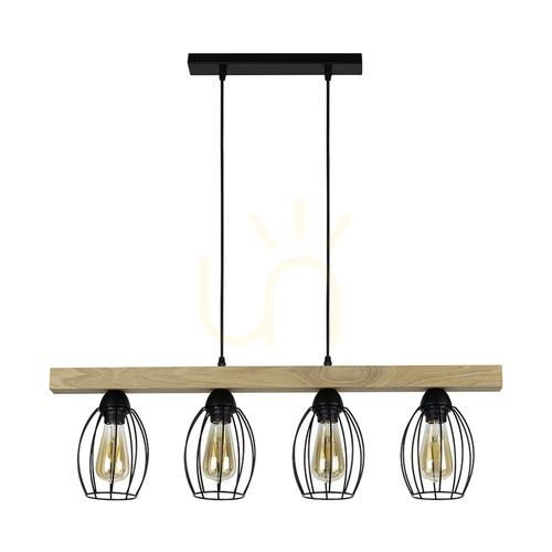 Prüfen Carlo Pendelleuchte 4xE27 Max. 60 W, geölte Eiche/schwarzes Metall/schwarzes PVC-Kabel/schwarzer Metallschirm, 86 cm