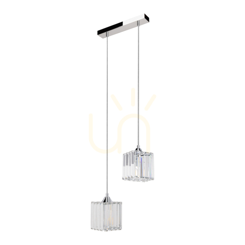 Prüfen Casino-Pendelleuchte, 2xE27, Max. 60 W, Metall in Chromoptik / transparentes PVC-Kabel / transparenter Kristallschirm, 33 cm