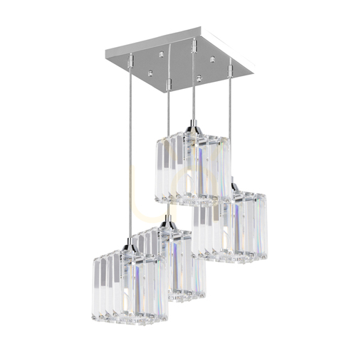 Prüfen Casino-Pendelleuchte, 4xE27, Max. 60 W, Metall in Chromoptik / transparentes PVC-Kabel / transparenter Kristallschirm, 33 cm