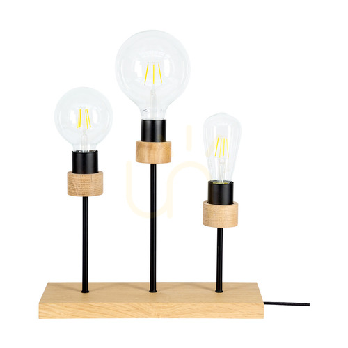 Prüfen Chandelle Tischlampe, 3xE27, max. 25 W, geölte Eiche/schwarzes Metall/schwarzes geflochtenes Kabel, 35 cm