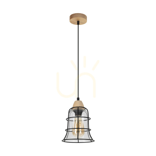 Prüfen Chicka Pendelleuchte, 1xE27, Max. 60 W, Birke/schwarzes Metall/schwarzes PVC-Kabel/klarer Glasschirm, Ø 16,5 cm