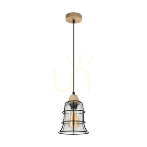 Chicka Pendelleuchte, 1xE27, Max. 60 W, Birke/schwarzes Metall/schwarzes PVC-Kabel/klarer Glasschirm, Ø 16,5 cm small 0