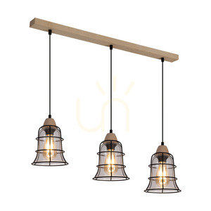 Chicka Pendelleuchte, 3xE27, Max. 60 W, Birke/schwarzes Metall/schwarzes PVC-Kabel/klarer Glasschirm, 75 cm small 1