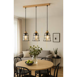Chicka Pendelleuchte, 3xE27, Max. 60 W, Birke/schwarzes Metall/schwarzes PVC-Kabel/klarer Glasschirm, 75 cm small 2