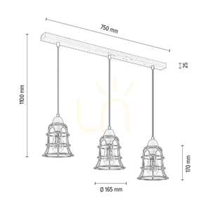Chicka Pendelleuchte, 3xE27, Max. 60 W, Birke/schwarzes Metall/schwarzes PVC-Kabel/klarer Glasschirm, 75 cm small 3
