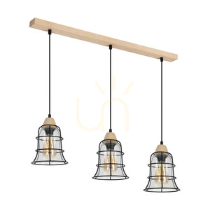 Chicka Pendelleuchte, 3xE27, Max. 60 W, Birke/schwarzes Metall/schwarzes PVC-Kabel/klarer Glasschirm, 75 cm small 0