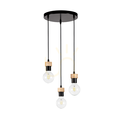 Prüfen Clarte Pendelleuchte, 3xE27, Max. 60 W, geölte Eiche/schwarzes Metall/schwarzes geflochtenes Kabel, Ø 30 cm