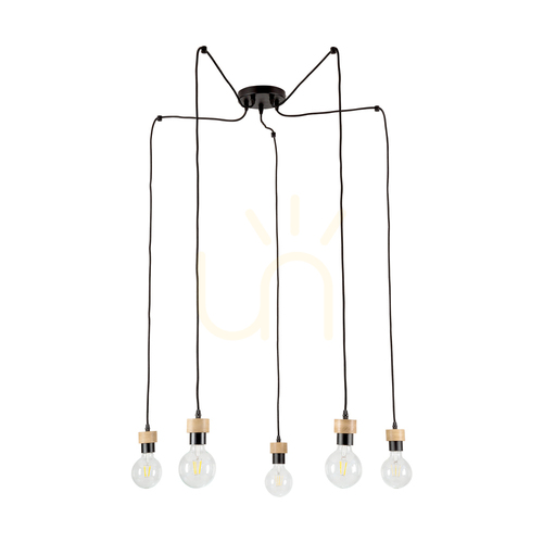 Prüfen Clarte Pendelleuchte, 5xE27, Max. 60 W, geölte Eiche/schwarzes Metall/schwarzes geflochtenes Kabel, Ø 15 cm