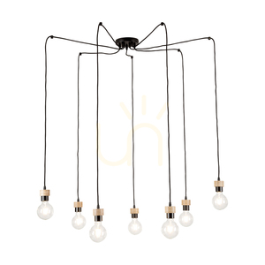 Clarte Pendelleuchte, 7xE27, Max. 60 W, geölte Eiche/schwarzes Metall/schwarzes geflochtenes Kabel, Ø 15 cm small 1