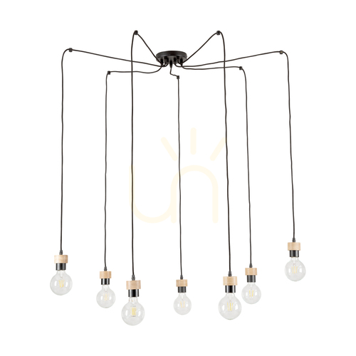 Prüfen Clarte Pendelleuchte, 7xE27, Max. 60 W, geölte Eiche/schwarzes Metall/schwarzes geflochtenes Kabel, Ø 15 cm
