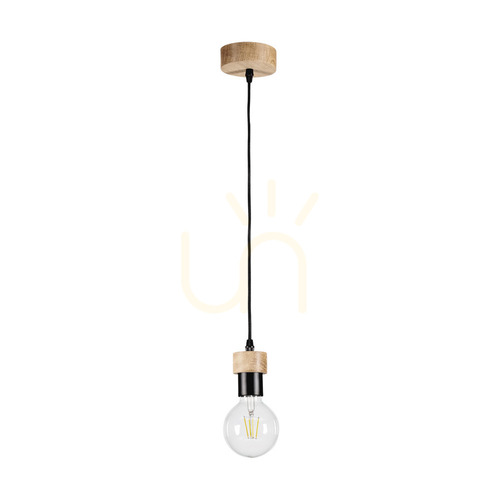 Prüfen Clarte Holz-Hängeleuchte, 1xE27, Max. 60 W, geölte Eiche/schwarzes Metall/schwarzes geflochtenes Kabel, Ø 10 cm