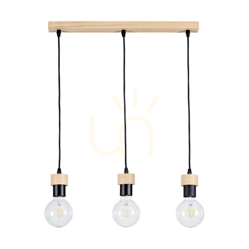 Prüfen Clarte Holz-Pendelleuchte, 3xE27, Max. 60 W, geölte Eiche/schwarzes Metall/schwarzes geflochtenes Kabel, 55 cm