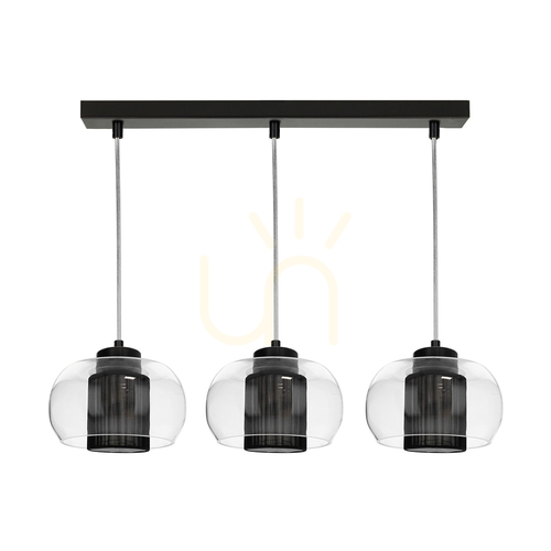 Prüfen Cordia Pendelleuchte, 3xE14, Max. 9 W, schwarzes Metall / transparentes PVC-Kabel / transparenter Glasschirm / schwarzer Lampenschirm, 50 cm