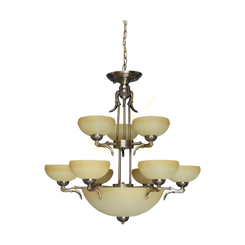 Prüfen Kronleuchter „Cremona“, 12xE27, Max. 60 W, Metall mit Patina-Optik/Glasschirme in Ecru, Ø 75,5 cm