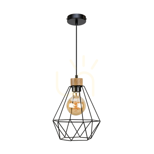 Prüfen Diament-Pendelleuchte, 1xE27, Max. 60 W, geölte Eiche/schwarzes Metall/schwarzes PVC-Kabel/schwarzer Metallschirm, Ø 25 cm