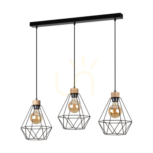 Prüfen Diament-Pendelleuchte, 3xE27, Max. 60 W, geölte Eiche/schwarzes Metall/schwarzes PVC-Kabel/schwarzer Metallschirm, 80 cm