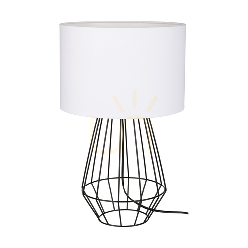 Prüfen Endorfina Tischlampe, 1xE27, Max. 60 W, schwarzes Metall/schwarzes PVC-Kabel/weißer Lampenschirm, Ø 30 cm