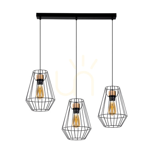 Prüfen Endorfina Pendelleuchte, 3xE27, Max. 60 W, geölte Eiche/schwarzes Metall/schwarzes PVC-Kabel, 77 cm