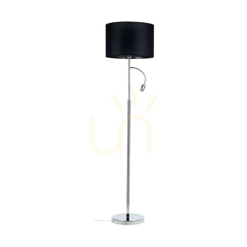 Prüfen Eros Stehlampe, 1xE27 (max.. 60 W), 1x LED 3000 K 3 W, Metall in Chromoptik/transparentes PVC-Kabel/schwarzer Lampenschirm Ø 40 cm