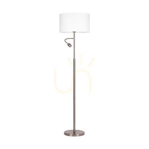 Prüfen Eros Stehlampe, 1xE27 (max.. 60 W), 1x LED 3000 K 3 W, satiniertes Metall/transparentes PVC-Kabel/weißer Lampenschirm Ø 40 cm