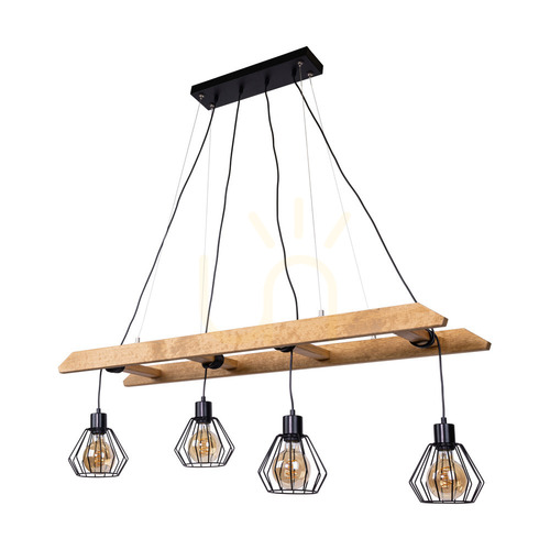 Prüfen Eskalo 4xE27 Pendelleuchte, Max. 60 W, braun gebeiztes Kiefernholz/schwarzes Metall/schwarzes PVC-Kabel/schwarzer Metallschirm, 123,5 cm