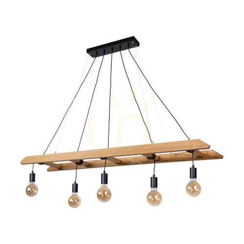 Prüfen Eskalo Pendelleuchte, 5xE27, Max. 60 W, braun gebeiztes Kiefernholz / schwarzes Metall / schwarzes PVC-Kabel, 154 cm