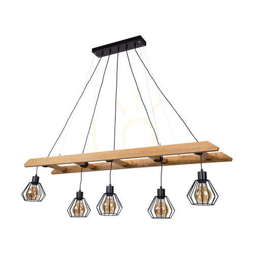 Prüfen Eskalo Pendelleuchte, 5xE27, Max. 60 W, braun gebeiztes Kiefernholz / schwarzes Metall / schwarzes PVC-Kabel / schwarzer Metallschirm, 154 cm