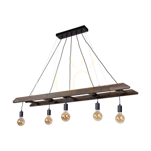 Prüfen Eskalo Pendelleuchte, 5xE27, Max. 60 W, Kiefer in Walnuss-Optik / schwarzes Metall / schwarzes PVC-Kabel, 154 cm
