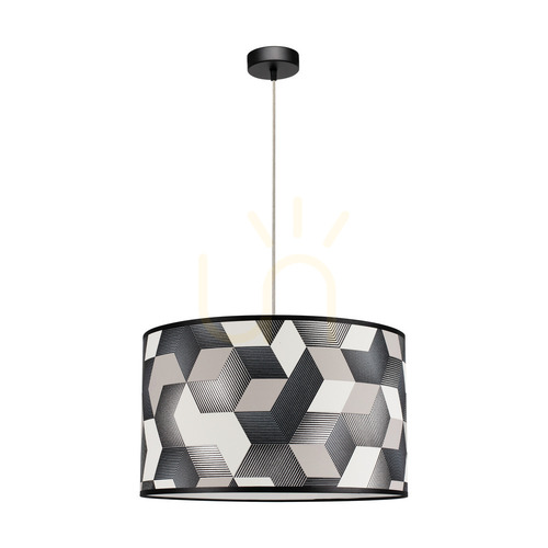 Prüfen Espacio Pendelleuchte, 1xE27, Max. 60 W, schwarzes Metall/transparentes PVC-Kabel/bunter Lampenschirm aus Tapete, Ø 50 cm