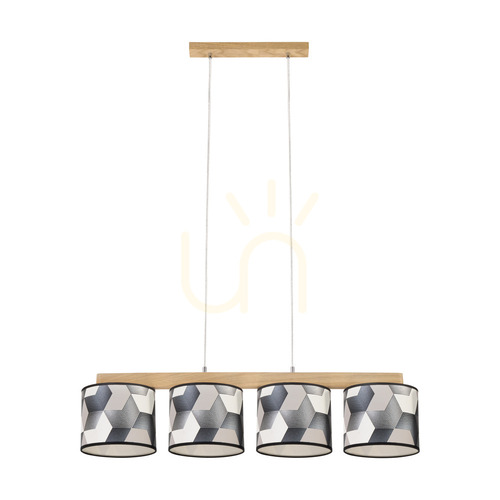 Prüfen Espacio Pendelleuchte, 4xE27, Max. 25 W, geölte Eiche / transparentes PVC-Kabel / mehrfarbiger Lampenschirm aus Tapete, 86 cm