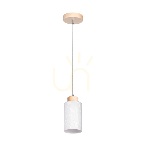 Prüfen Flores Pendelleuchte, 1xE27, Max. 60 W, Birke/transparentes PVC-Kabel/weißer Glasschirm mit Blumenmuster, Ø 10 cm