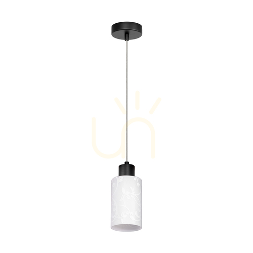 Prüfen Flores Pendelleuchte, 1xE27, Max. 60 W, schwarzes Metall / transparentes PVC-Kabel / weißer Glasschirm mit Blumenmuster, Ø 10 cm