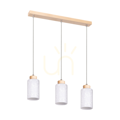 Prüfen Flores Pendelleuchte, 3xE27, Max. 60 W, Birke/transparentes PVC-Kabel/weißer Glasschirm mit Blumenmuster, 54 cm