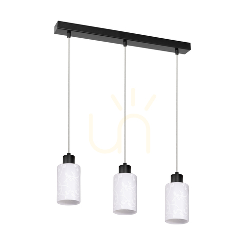 Prüfen Flores Pendelleuchte, 3xE27, Max. 60 W, schwarzes Metall/transparentes PVC-Kabel/weißer Glasschirm mit Blumenmuster, 57 cm