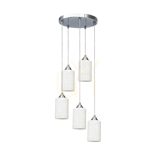 Prüfen Hängeleuchte „Flowers“, 5xE27, Max. 60 W, Metall in Chromoptik / transparentes PVC-Kabel / weißer Glasschirm mit Blumenmuster, Ø 35 cm