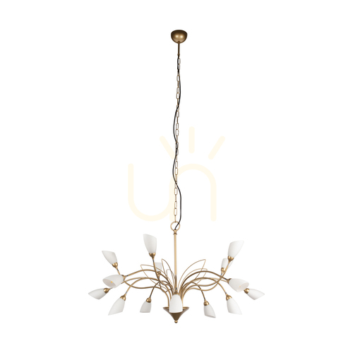 Prüfen Gloriosa Pendelleuchte, 15xG9, Max. 6-W-LED, Goldfarbenes Metall/schwarzes PVC-Kabel/weißer Glasschirm, Ø 108 cm