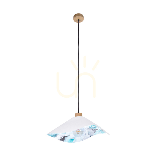 Prüfen Hattu Blumen-Pendelleuchte 1xE27 Max. 40 W, geölte Eiche / schwarzes Flechtkabel / weißer und mehrfarbiger Lampenschirm, Ø 50 cm