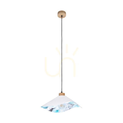 Prüfen Hattu Blumen-Pendelleuchte 1xE27 Max. 40 W, geölte Eiche / schwarzes Flechtkabel / weißer und mehrfarbiger Lampenschirm, Ø 40 cm
