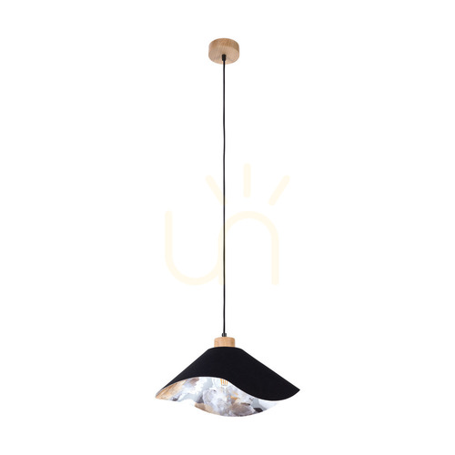 Prüfen Hattu Blumen-Pendelleuchte, 1xE27, Max. 40 W, geölte Eiche / schwarzes Flechtkabel / schwarzer und mehrfarbiger Lampenschirm, Ø 40 cm