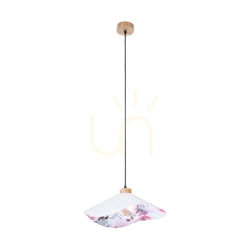 Prüfen Hattu Blumen-Pendelleuchte 1xE27 Max. 40 W, geölte Eiche / schwarzes Flechtkabel / grauer und mehrfarbiger Lampenschirm, Ø 40 cm