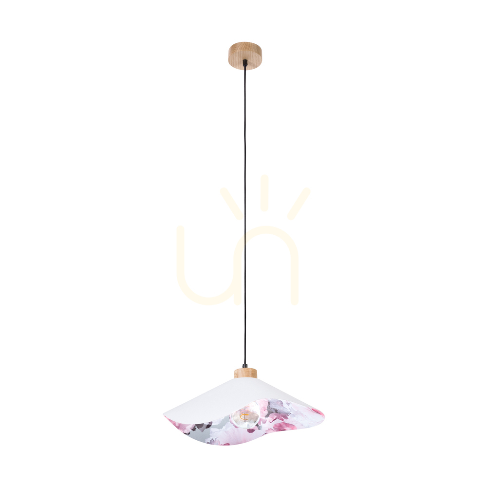 Hattu Blumen-Pendelleuchte 1xE27 Max. 40 W, geölte Eiche / schwarzes Flechtkabel / grauer und mehrfarbiger Lampenschirm, Ø 40 cm