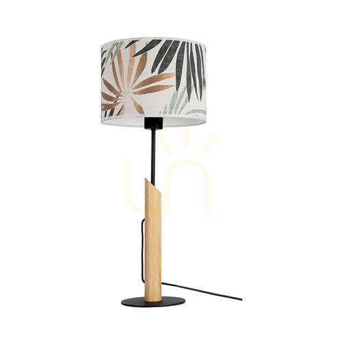 Prüfen Hoja Tischlampe, 1xE27, Max. 60 W, geölte Eiche/schwarzes Metall/schwarzes geflochtenes Kabel/bunter Lampenschirm aus Tapete, Ø 27 cm