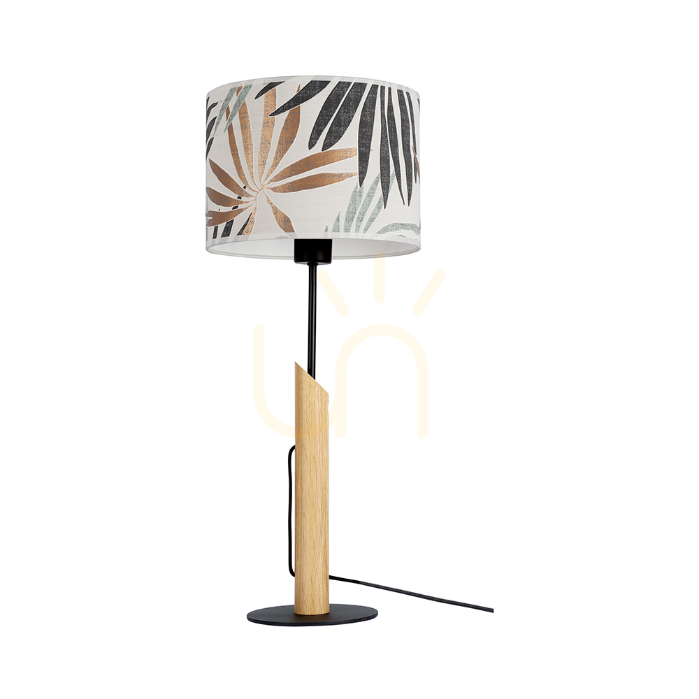 Hoja Tischlampe, 1xE27, Max. 60 W, geölte Eiche/schwarzes Metall/schwarzes geflochtenes Kabel/bunter Lampenschirm aus Tapete, Ø 27 cm