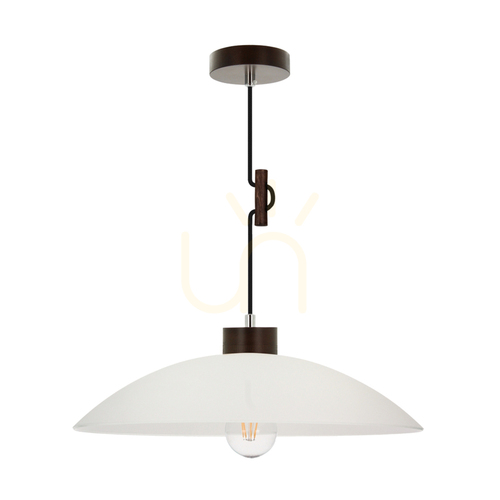 Prüfen Jona Pendelleuchte, 1xE27, Max. 60 W, Buchen- und Nussbaumholz, geflochtenes Kabel, weißer Glasschirm, Ø 40 cm