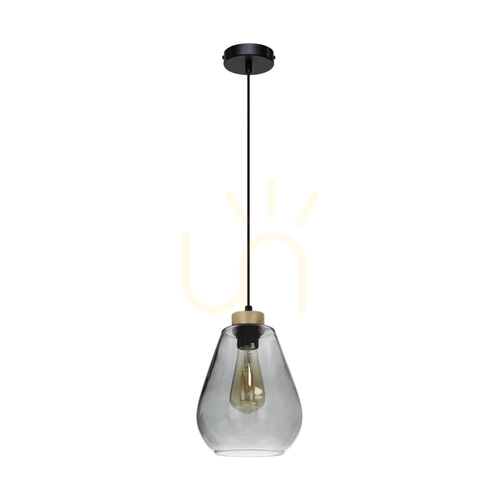 Prüfen Kigali Pendelleuchte 1xE27 Max. 60 W, geölte Eiche/schwarzes Metall/schwarzes PVC-Kabel/Lampenschirm aus Rauchglas, Ø 19 cm