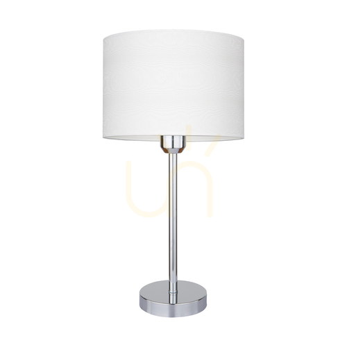 Prüfen Leila Tischlampe, 1xE27, Max. 40 W, Metall in Chromoptik / transparentes PVC-Kabel / Lampenschirm aus Papier und PVC mit Holzmaserung, Ø 50 cm