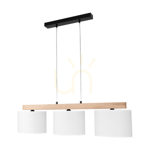 Prüfen Lora Pendelleuchte, 3xE27, Max. 40 W, geölte Eiche/schwarzes Metall/transparentes PVC-Kabel/weißer Lampenschirm, 90 cm