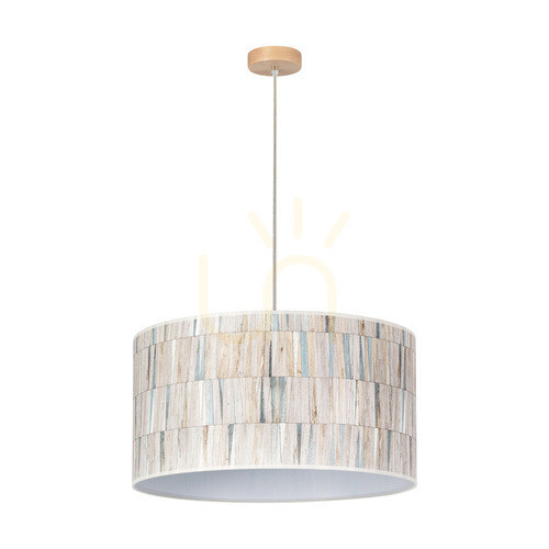 Prüfen Luna Pendelleuchte, 1xE27, Max. 60 W, Birke/transparentes PVC-Kabel/mehrfarbiger Lampenschirm aus Tapete, Ø 50 cm