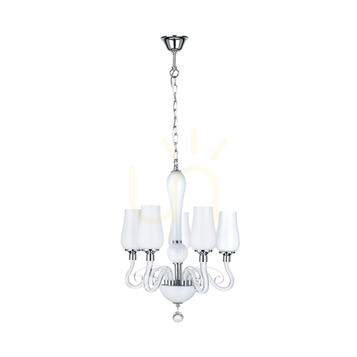 Prüfen Kronleuchter „Lutecja“, 5xE14, Max. 40 W, Metall in Transparent-Chrom/weißer Glasschirm, Ø 42 cm