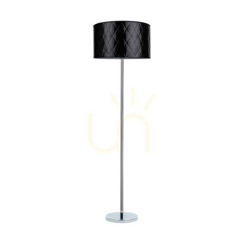Prüfen Maxima Stehlampe, 1xE27, Max. 60 W, Metall in Chromoptik / transparentes PVC-Kabel / schwarzer Lampenschirm, Ø 50 cm